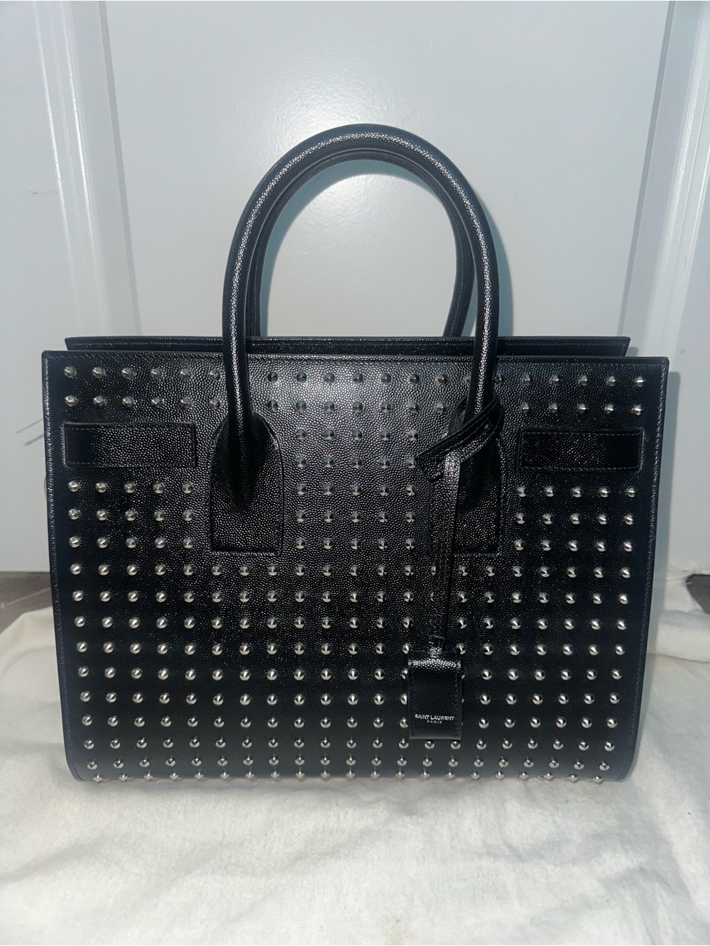 Saint Laurent Black Leather Studded Satchel